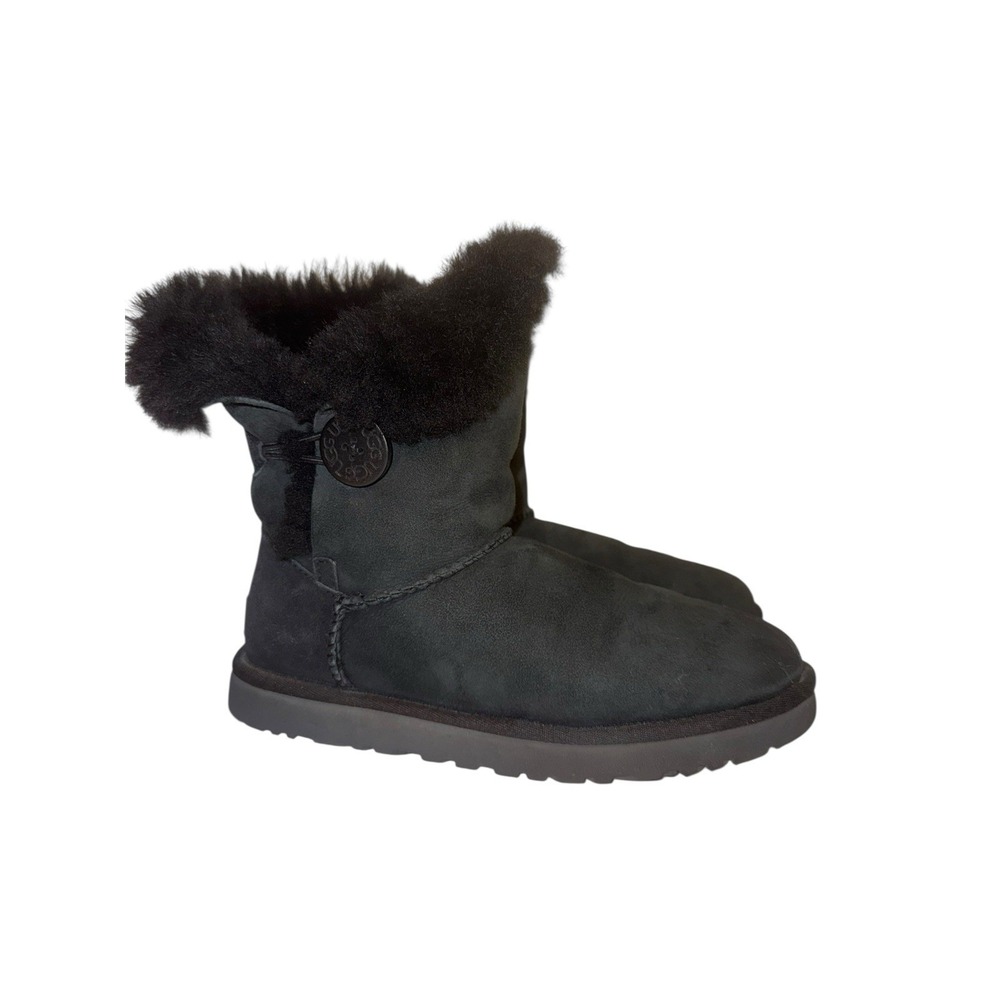 UGG Australia Mini Bailey Button II Logo Sheepskin Boots Black Women's Sz 7 - Picture 2 of 6